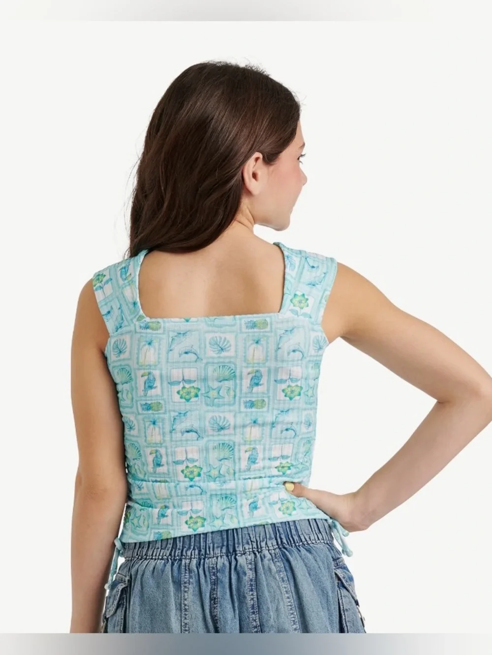 NWT Justice Girls XL 16/18 Teal Tropical Cinch Side Square Neck Top